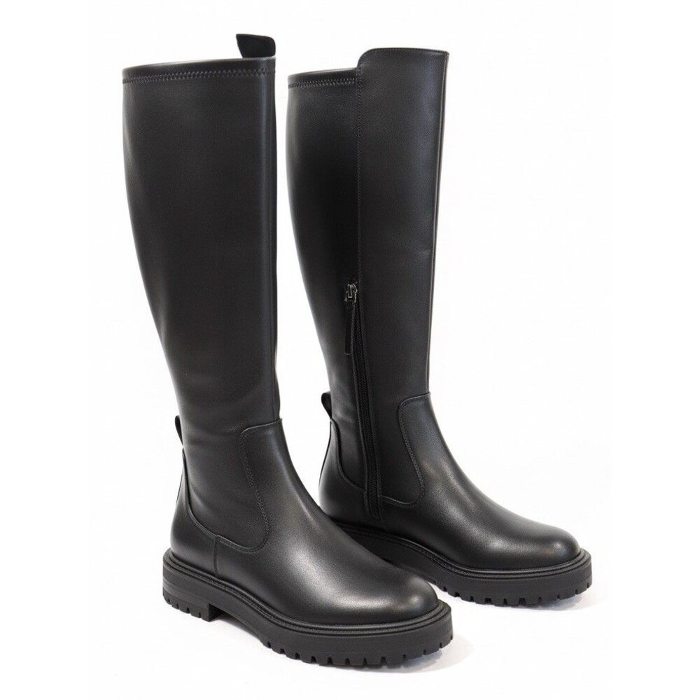 NWT Zara Black Knee High Lug Sole Boots Tall Treaded Riding Zip US 7.5 EUR 38⁠